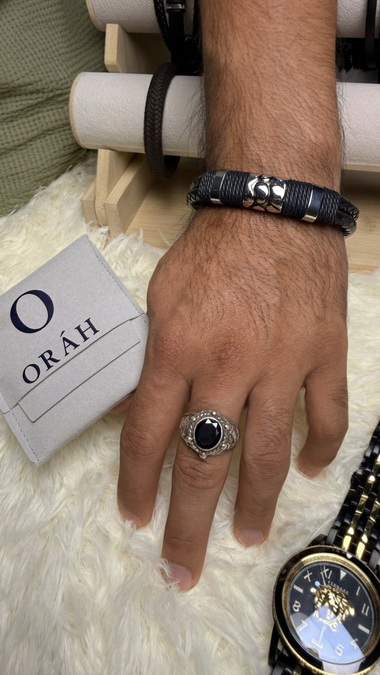 pulsera de acero inoxidable y cuero trenzado para hombre orah